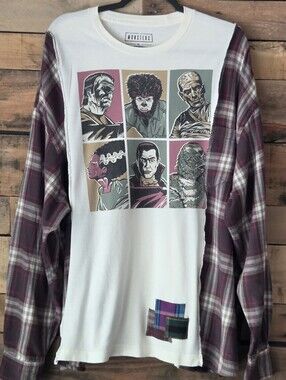 Upcycled White Graphic Front Plaid-Sleeve Long Sleeve Shirt